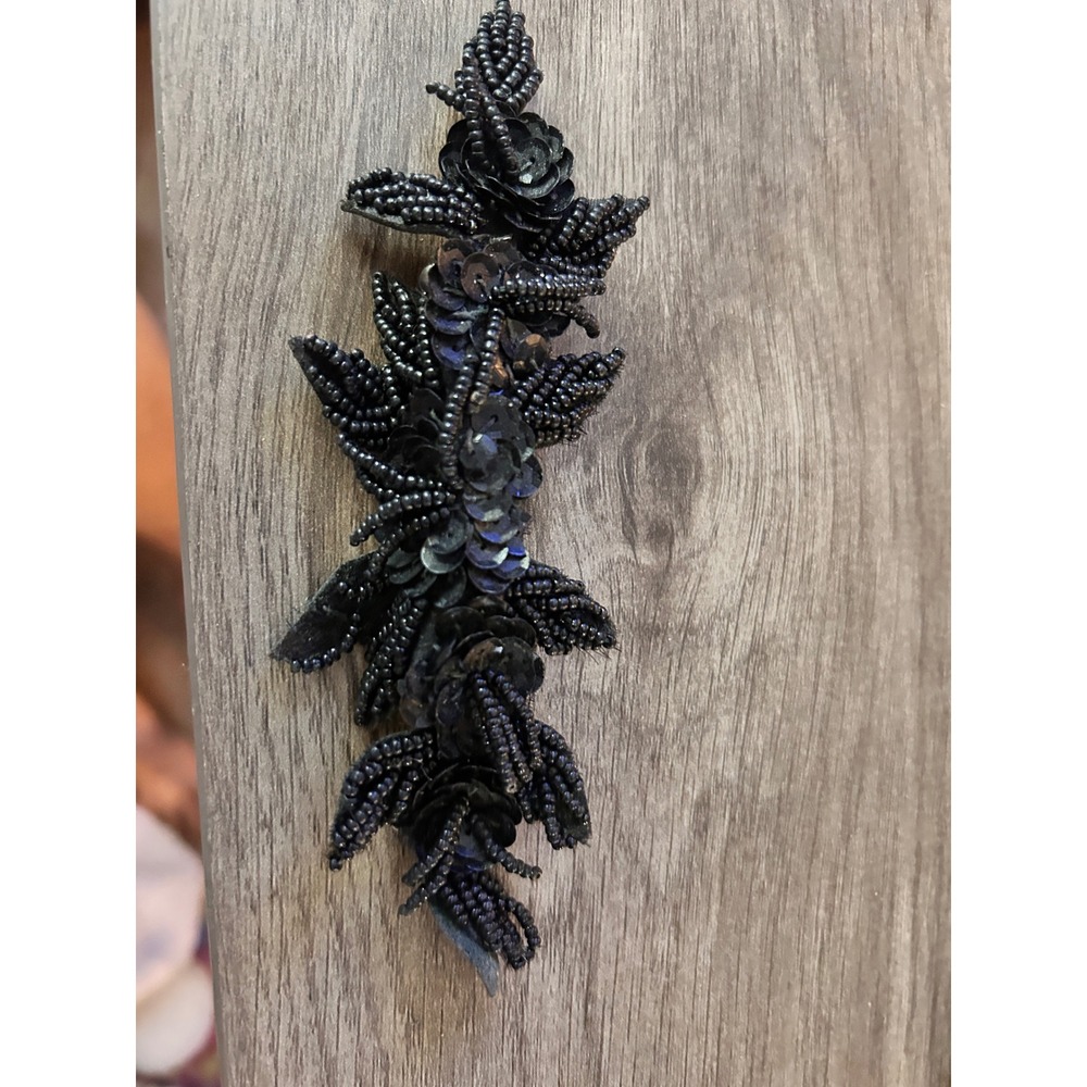 Vintage‎ Black Beaded Hair Barrette Floral Sequin French Clip Accessory